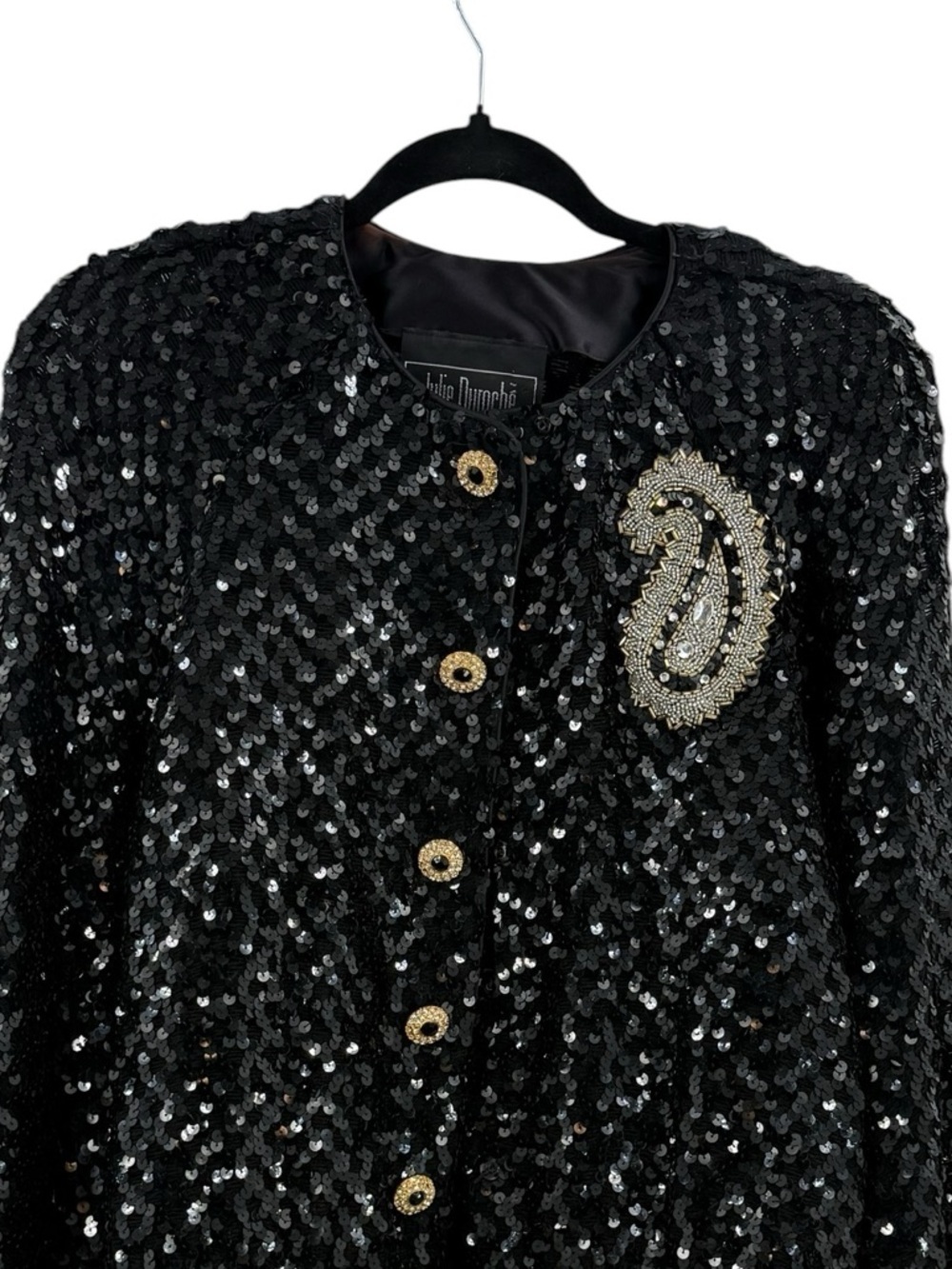 Vintage Julie Duroché Sequin Jacket Black Beaded Paisley Evening Blazer Glam 80s - Picture 2 of 15